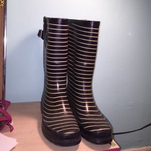 Black and white striped rain boots