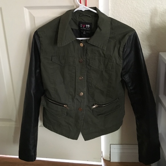 Green and black half leather, short jacket.