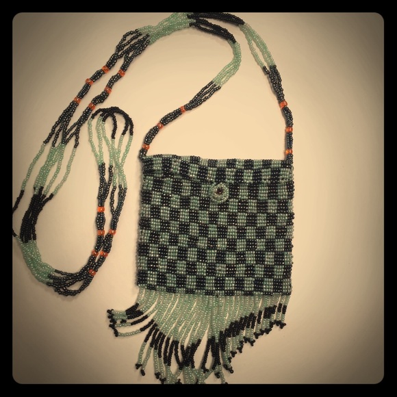 Green and black beaded bag