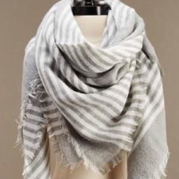 Gray and white striped square blanket scarf