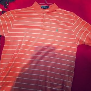 Striped Polo 3 button shirt. Orange w/ white