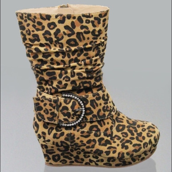 Kids rhinestone leopard buckle heel boots wedge - Picture 2 of 4