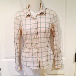 American Eagle sheer blue plaid button up shirt