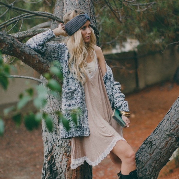 Taupe slip dress with lace trim and hem