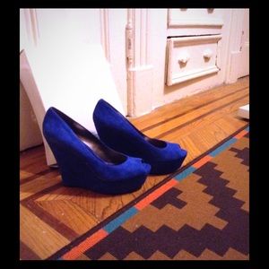 Blue Suede Peep toe wedges