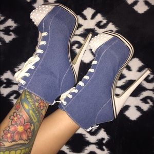 Denim, spiked lace up (sneaker inspired) booties.