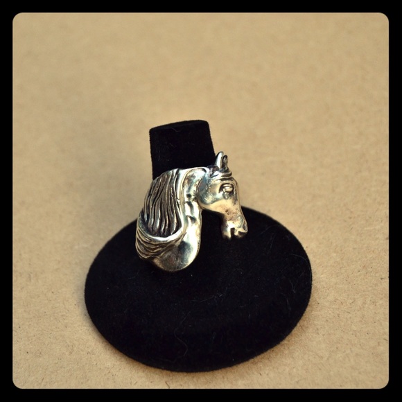 925 SS Engraved Carved Horse Face Metalwork Ring