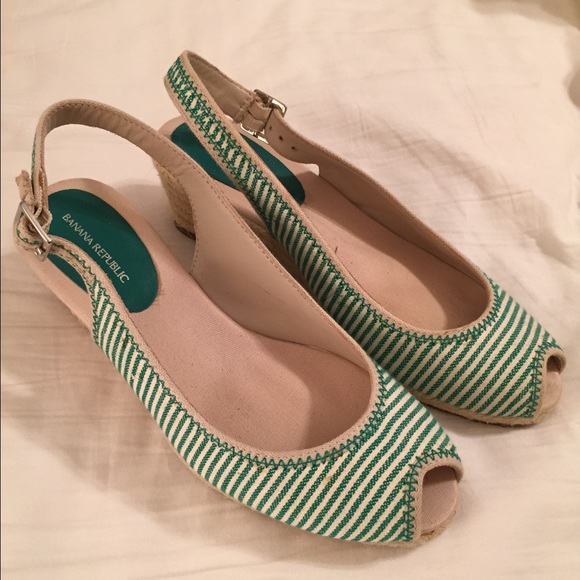 Green ticking stripe peep toe sling backs