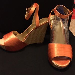 Orange satin ribbon  wedge sandals