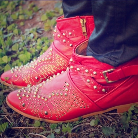 Zara Shoes - Zara Red Leather Gold Stud Flat Moto Boots