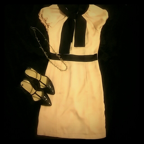 Pink/peach work dress with black trim professional