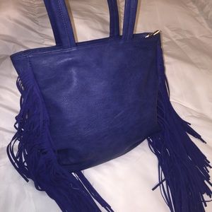 Blue Faux Leather Fringe Bag