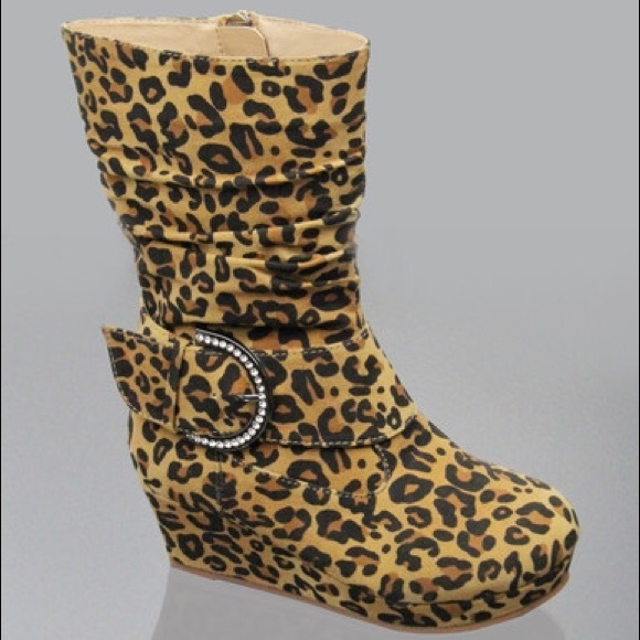 Kids rhinestone buckle leopard wedge boots - Picture 1 of 2