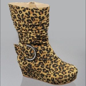 Kids rhinestone buckle leopard wedge boots