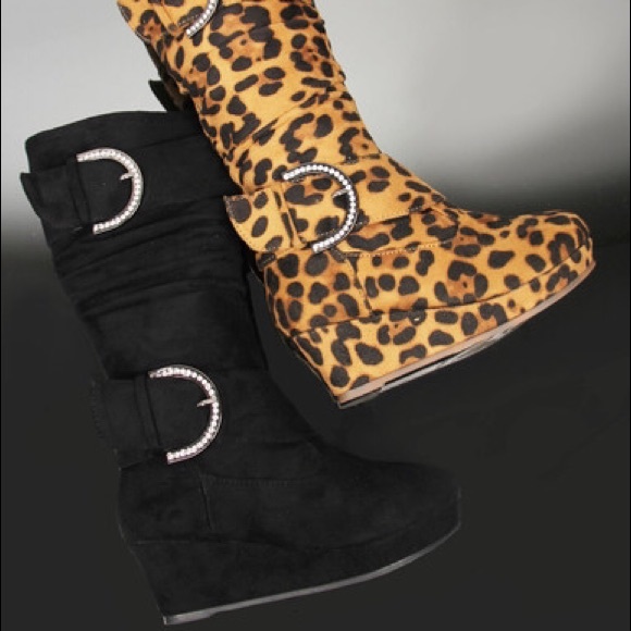 Kids tall rhinestone buckle wedge heel boots - Picture 4 of 4