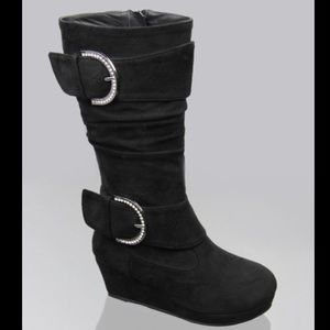Kids tall rhinestone buckle wedge heel boots