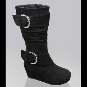 Kids rhinestone buckle zipper wedge heel boots
