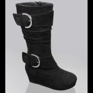Kids rhinestone buckle zipper wedge boots