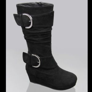Kids rhinestone buckle zipper wedge heel boots