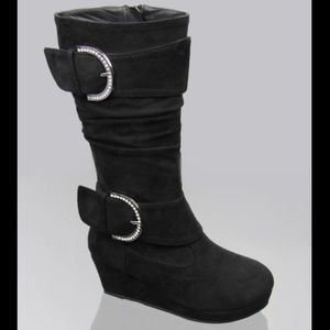 Kids rhinestone buckle zipper wedge boots