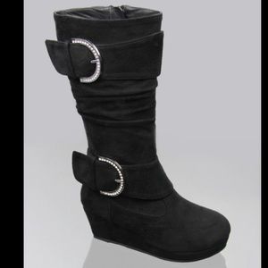 Kids rhinestone buckle zipper wedge boots