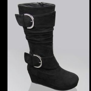 Kids rhinestone buckle zipper wedge boots