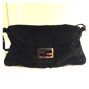 Vintage Fendi Baguette flap handbag in black suede