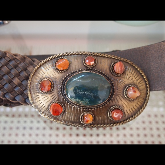 Hippy Braided Leather Belt Gem Stone Etched Buckle