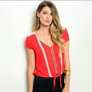 Red laced white  crop top