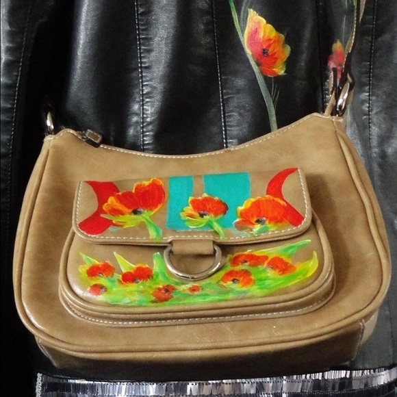 Hand Painted Small Handbag Floral Tan Shoulder Bag