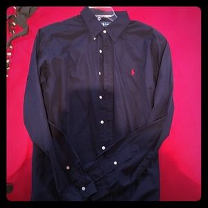 Navy Blue Polo Button-Down Red Logo