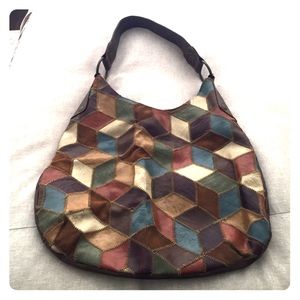 Leather patched shoulder bag