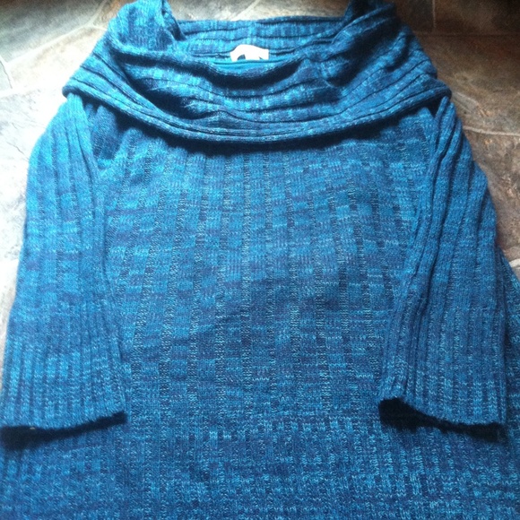 Blue cowl neck knit sweater