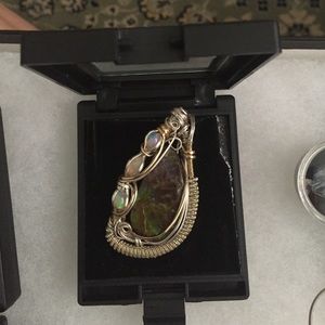 Opal and Ammonite silver and gold wrap pendant