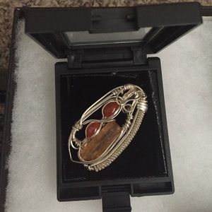 Topaz & carnelian all silver wrap pendant