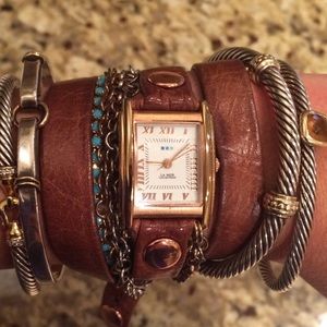 LA MER leather wrap watch w/chain turquoise detail