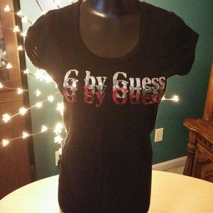 Black Guess Tee with Silver & Red Sequins