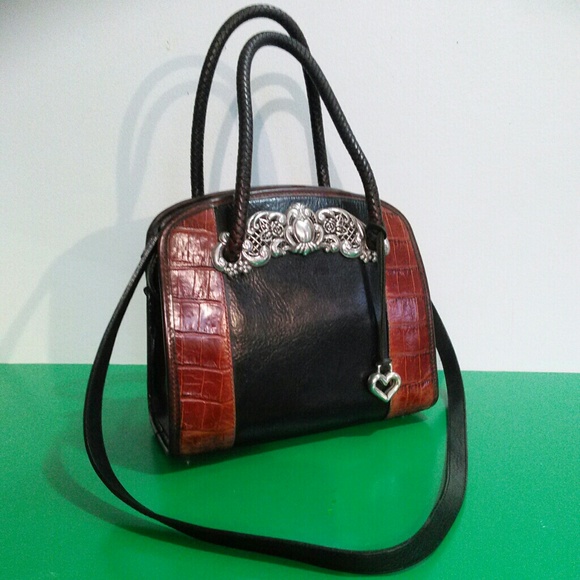 BRIGHTON ~Vtg"Black Pebbled Brown Croc Handbag