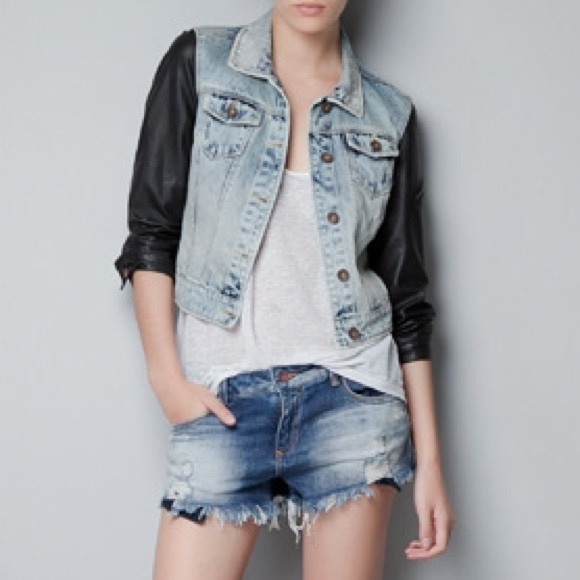 ZARA FAUX LEATHER & DENIM CROP JACKET