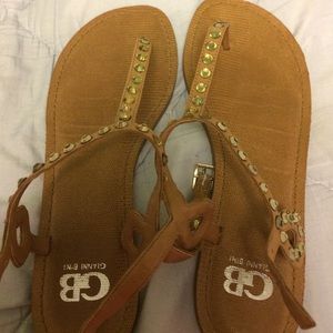Tan, strapped, sandals