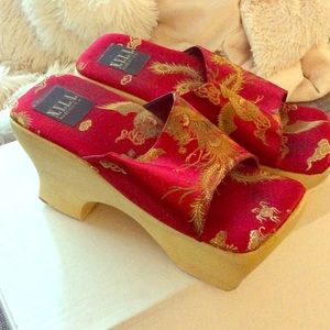 Red brocade and wood sandals