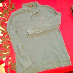 Long sleeve 3 button Polo. blue with orange logo