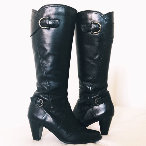 Clarks black leather belted long boots