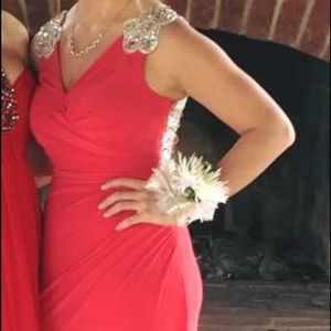 Beautiful coral fitted (but stretchy) dress.