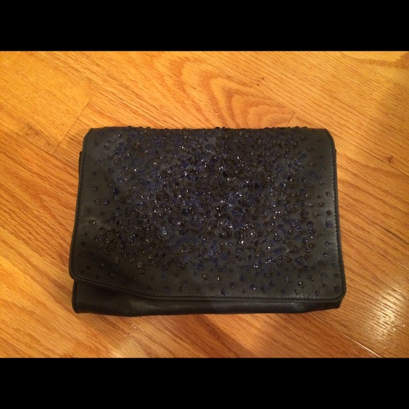 Theyskens theory navy leather sequined clutch