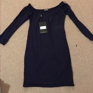 Missguided navy fitted off the shoulder dress