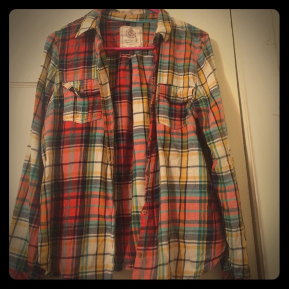Women's plaid orange, red, yellow, shirt.