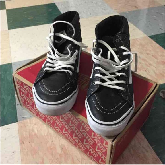 Black and True White Leather Sk8 Hi Vans