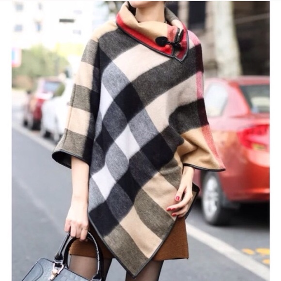 Sweaters - Plaid tan check poncho NWT