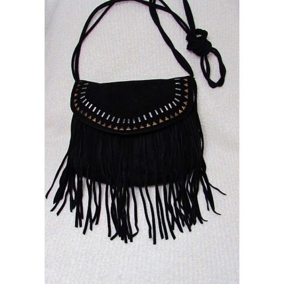Black embellished fringe cross body purse